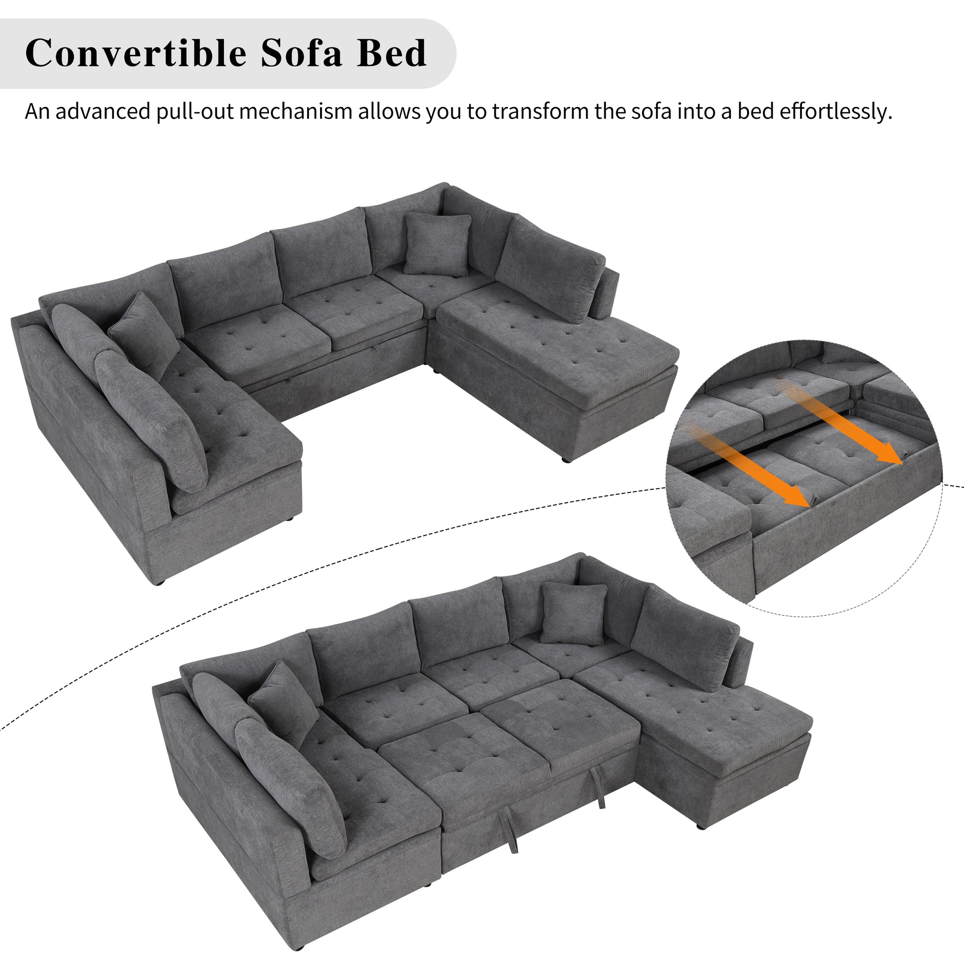 Dark gray fabric Ushaped convertible sofa bed with plush cushions and storage