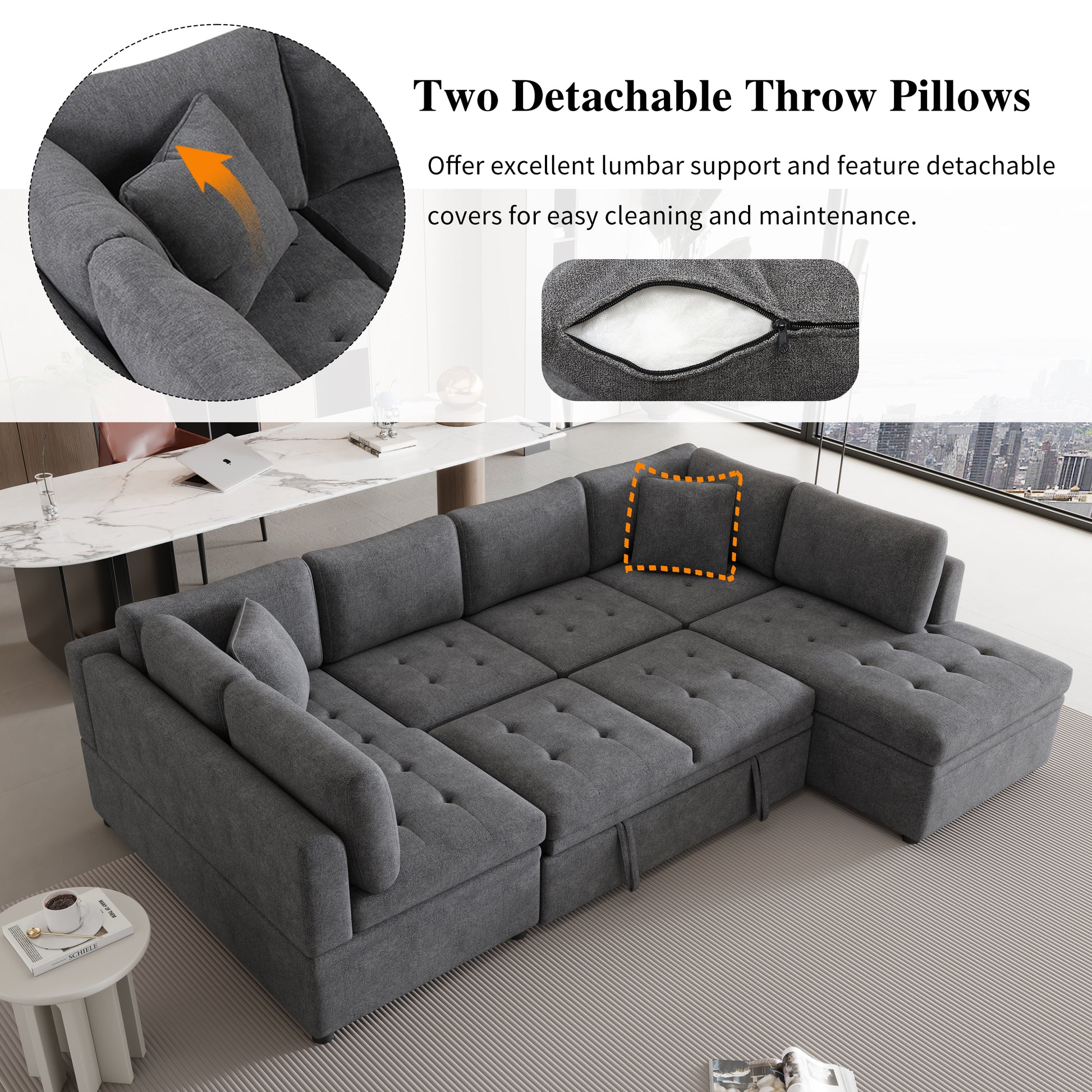Dark grey upholstered sectional sofa with tufted cushions and storage ottoman