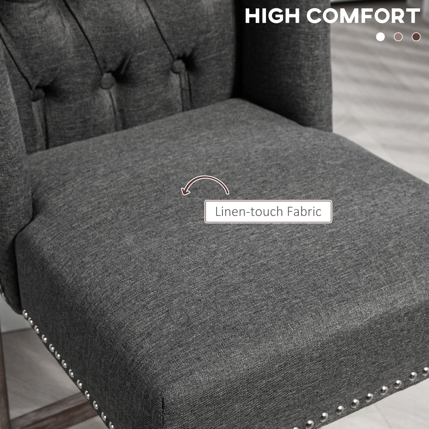Dark gray linentouch fabric armchair with tufted back and silver nailhead trim