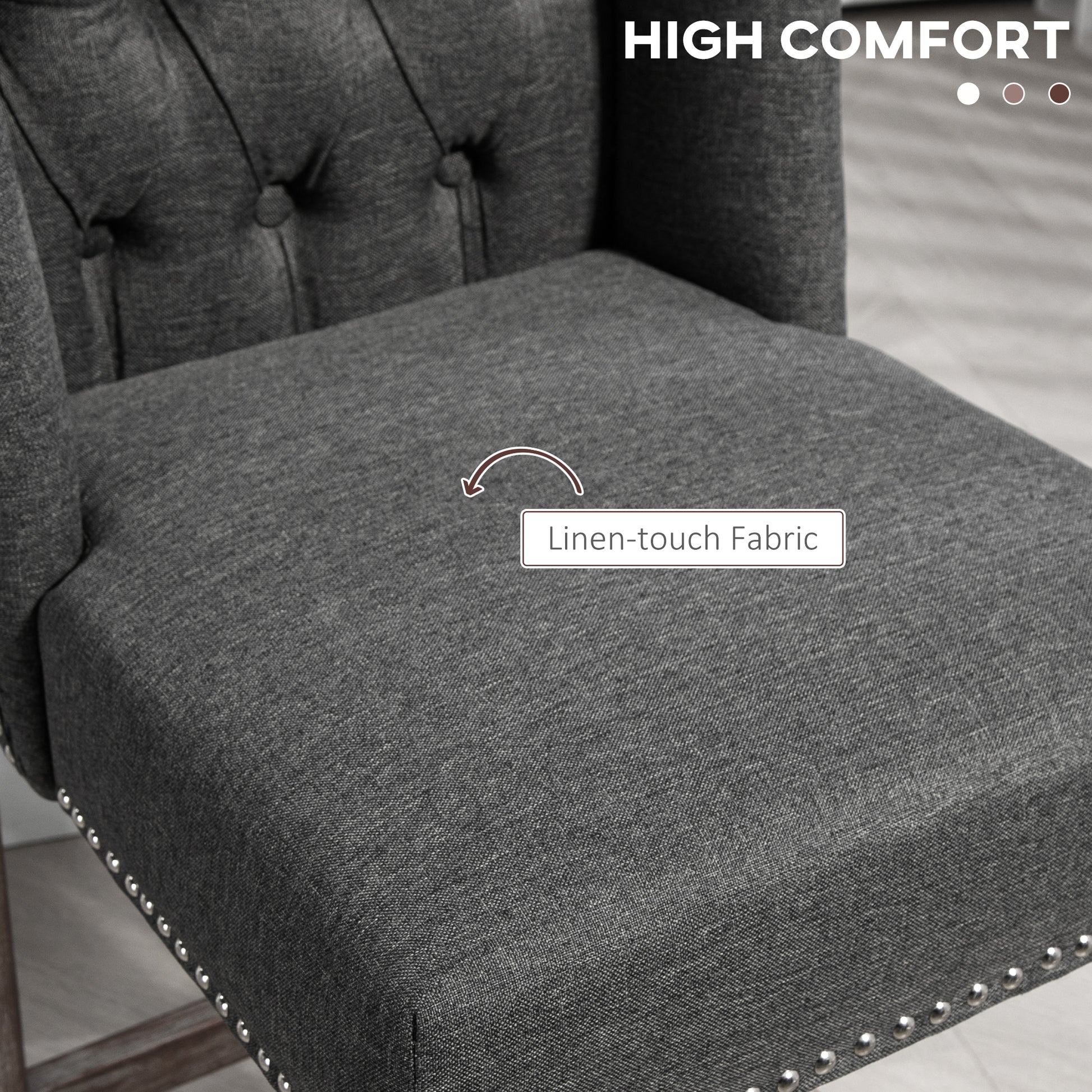 Dark gray linentouch fabric armchair with tufted back and silver nailhead trim