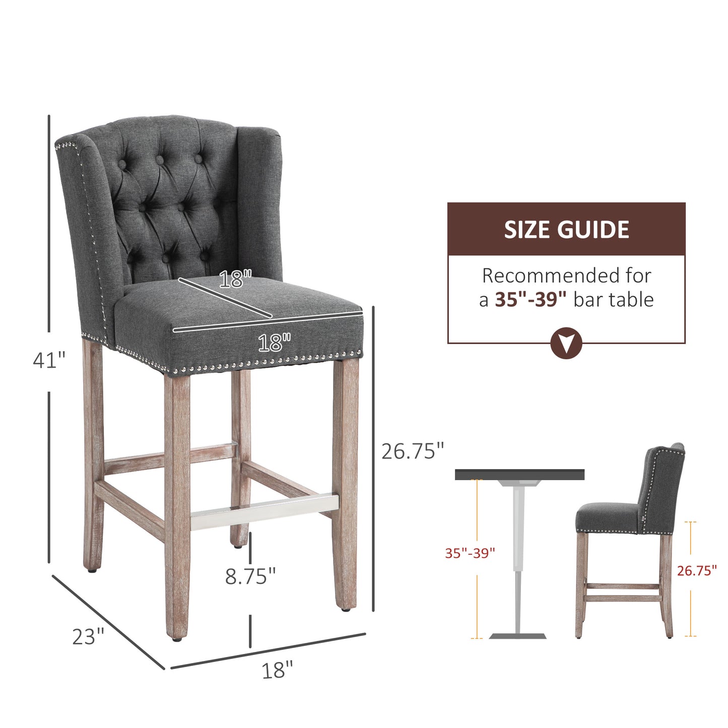 Dark gray upholstered wingback bar stool with silver nailhead trim and wooden legs