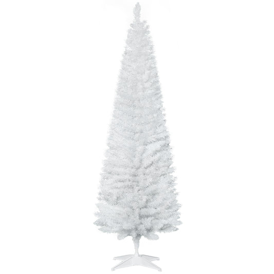 Tall slender white artificial Christmas tree with green flocked branches and white stand