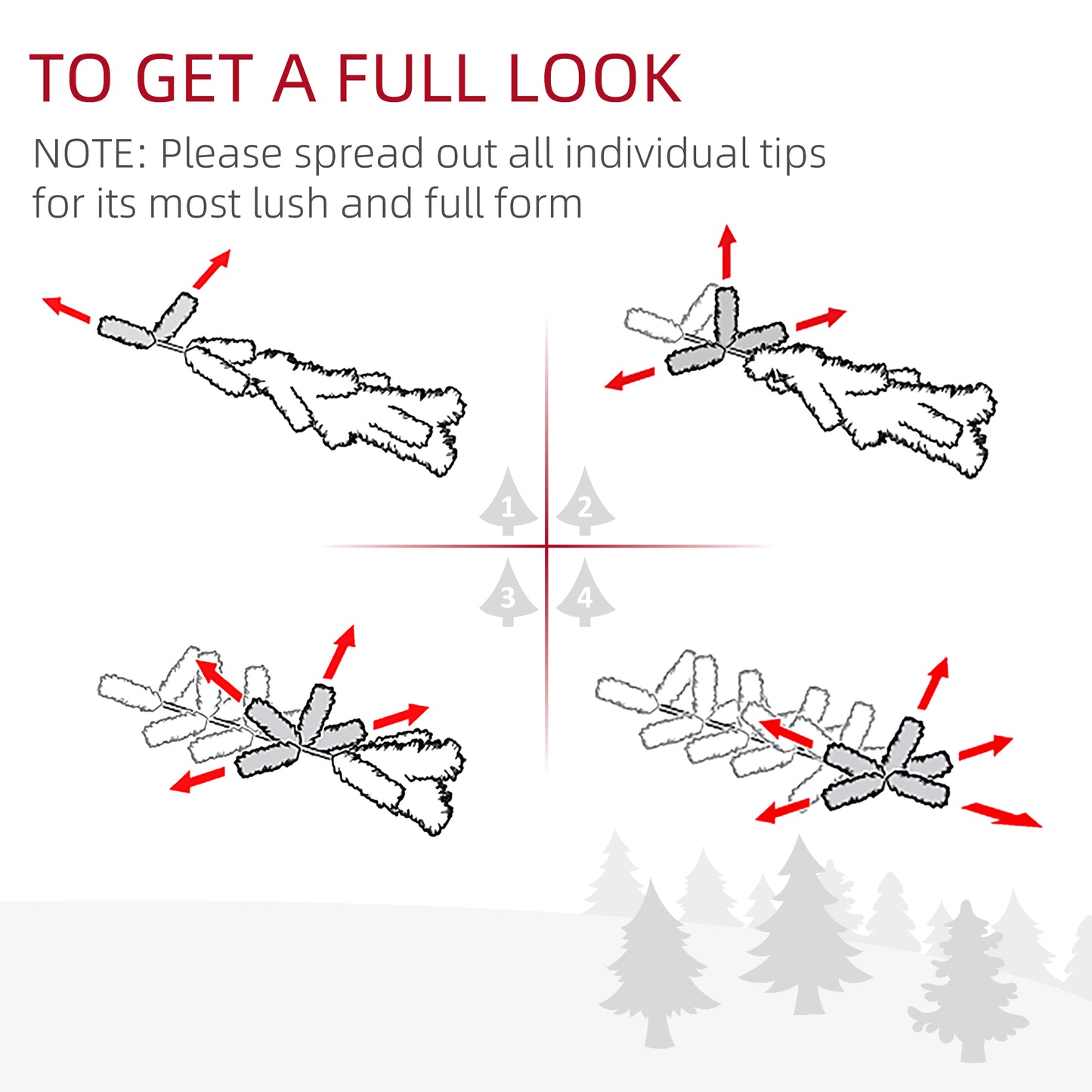 Diagram showing how to fluff artificial Christmas tree branches with red arrows indicating movement