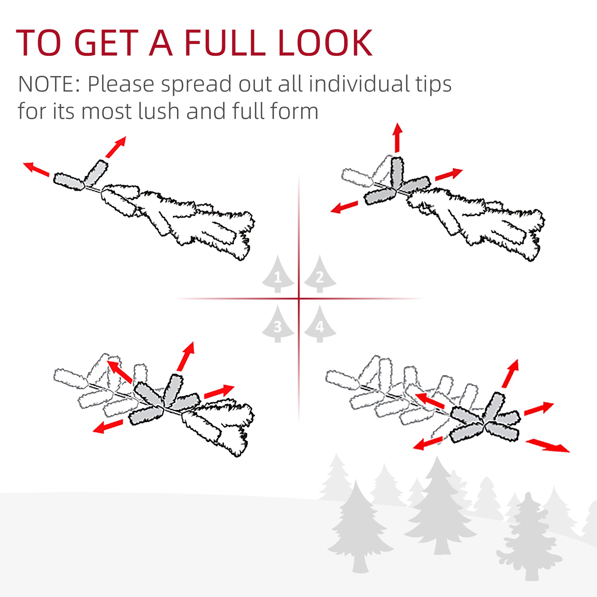 Diagram showing how to fluff artificial Christmas tree branches with red arrows indicating movement