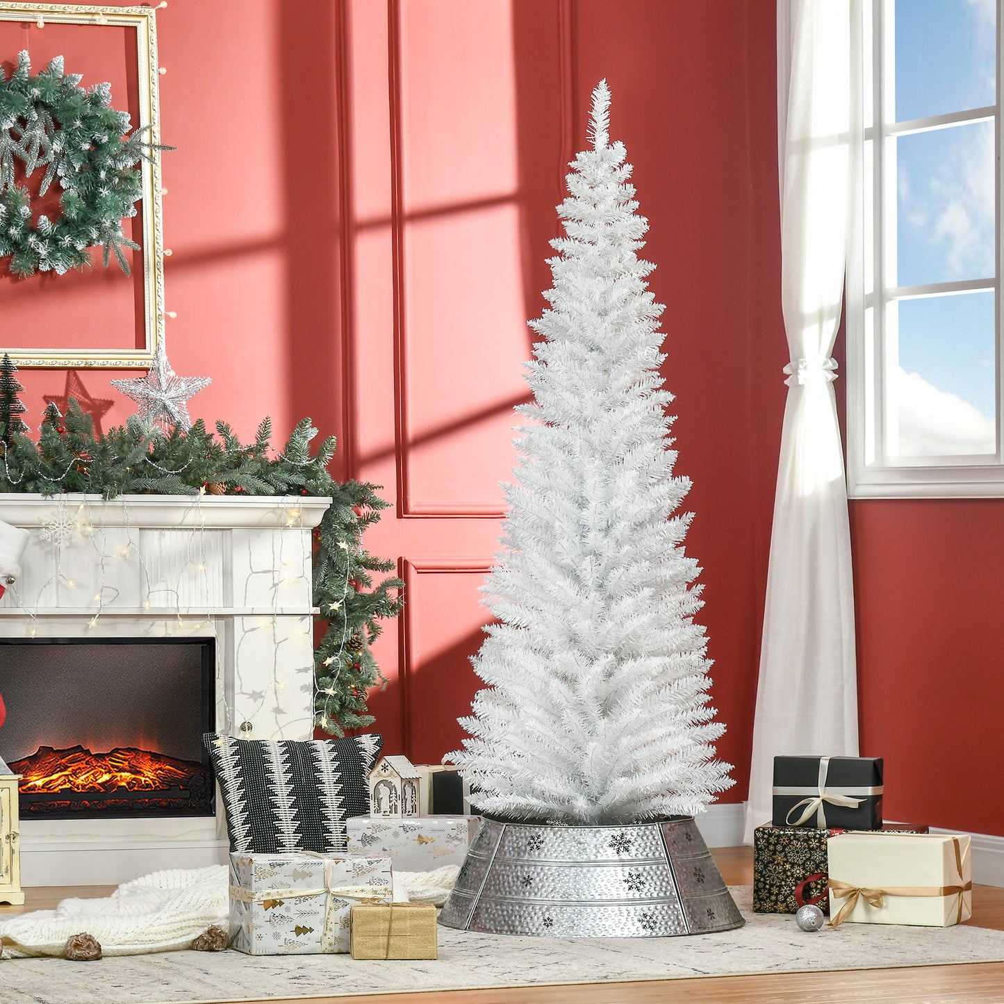 Elegant white artificial Christmas tree with full branches and silver snowflake tree collar
