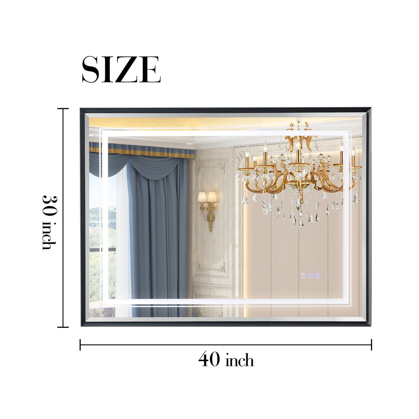 x inch rectangular LED mirror with integrated vanity lighting