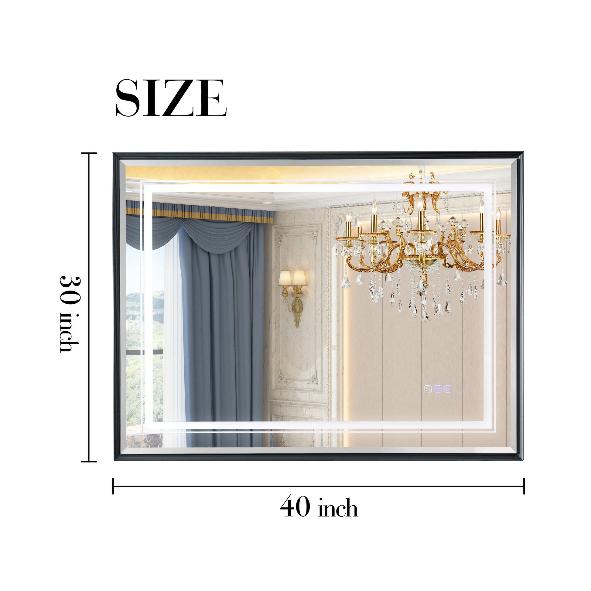 x inch rectangular LED mirror with integrated vanity lighting