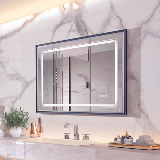 Illuminated bathroom mirror with a sleek dark frame and integrated LED lights perfect for modern vanities