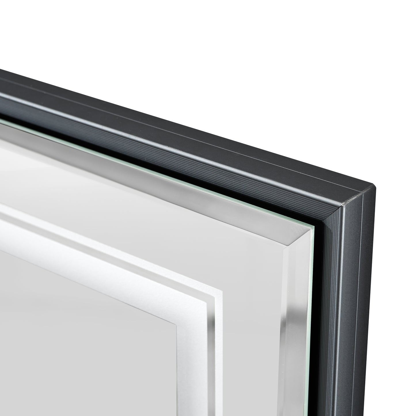 Modern gray metal framed mirror with beveled glass detail