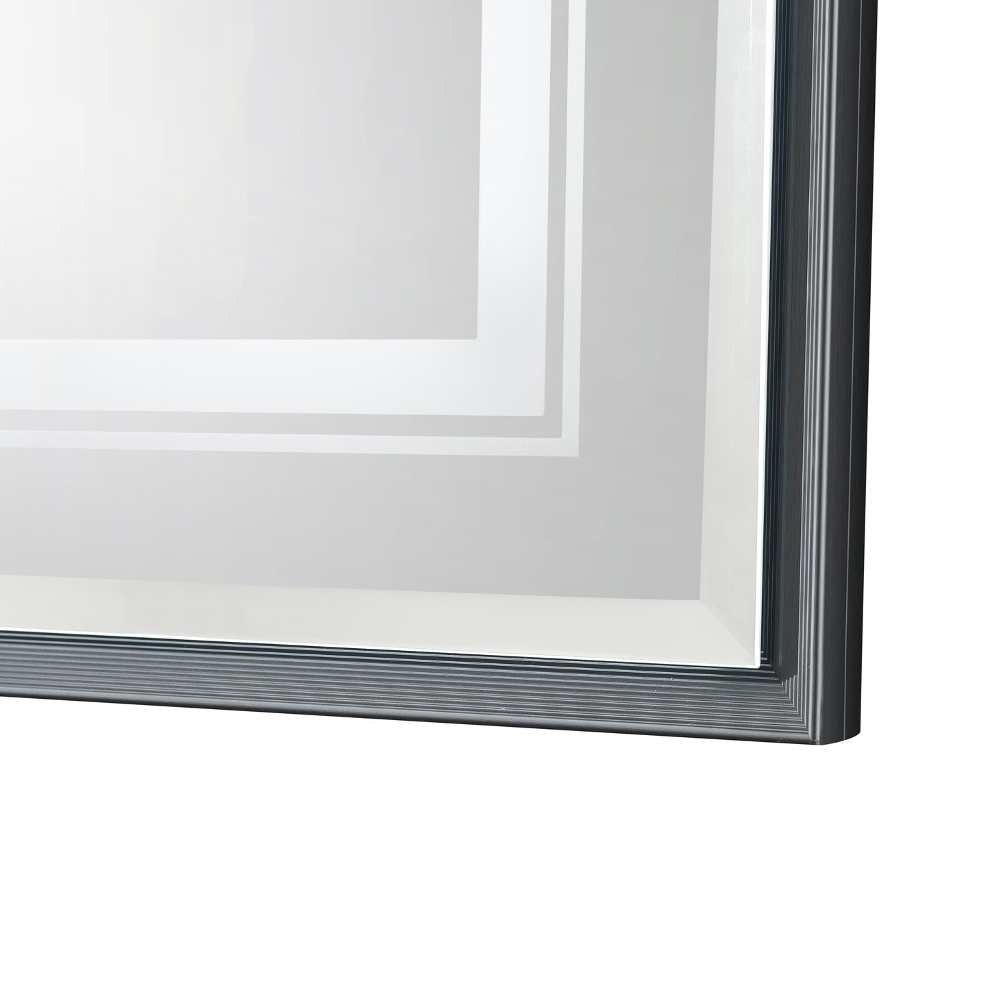 Modern framed wall mirror with brushed aluminum finish and layered bevel detail