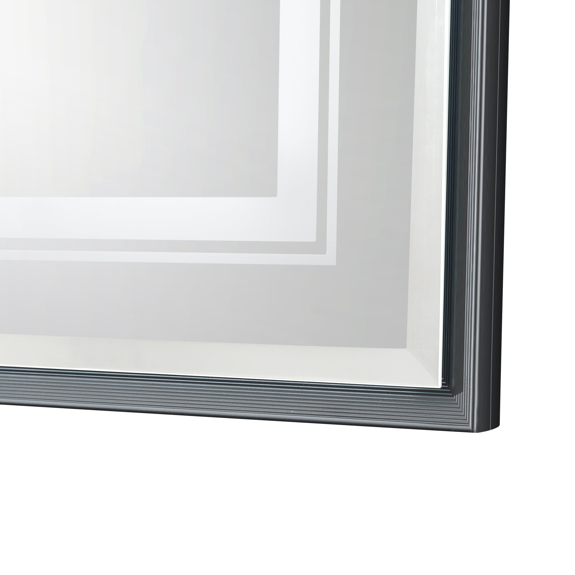 Modern framed wall mirror with brushed aluminum finish and layered bevel detail