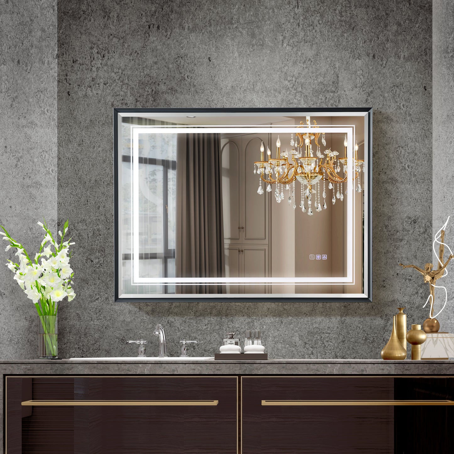 Modern illuminated bathroom mirror with touch controls and an integrated LED light