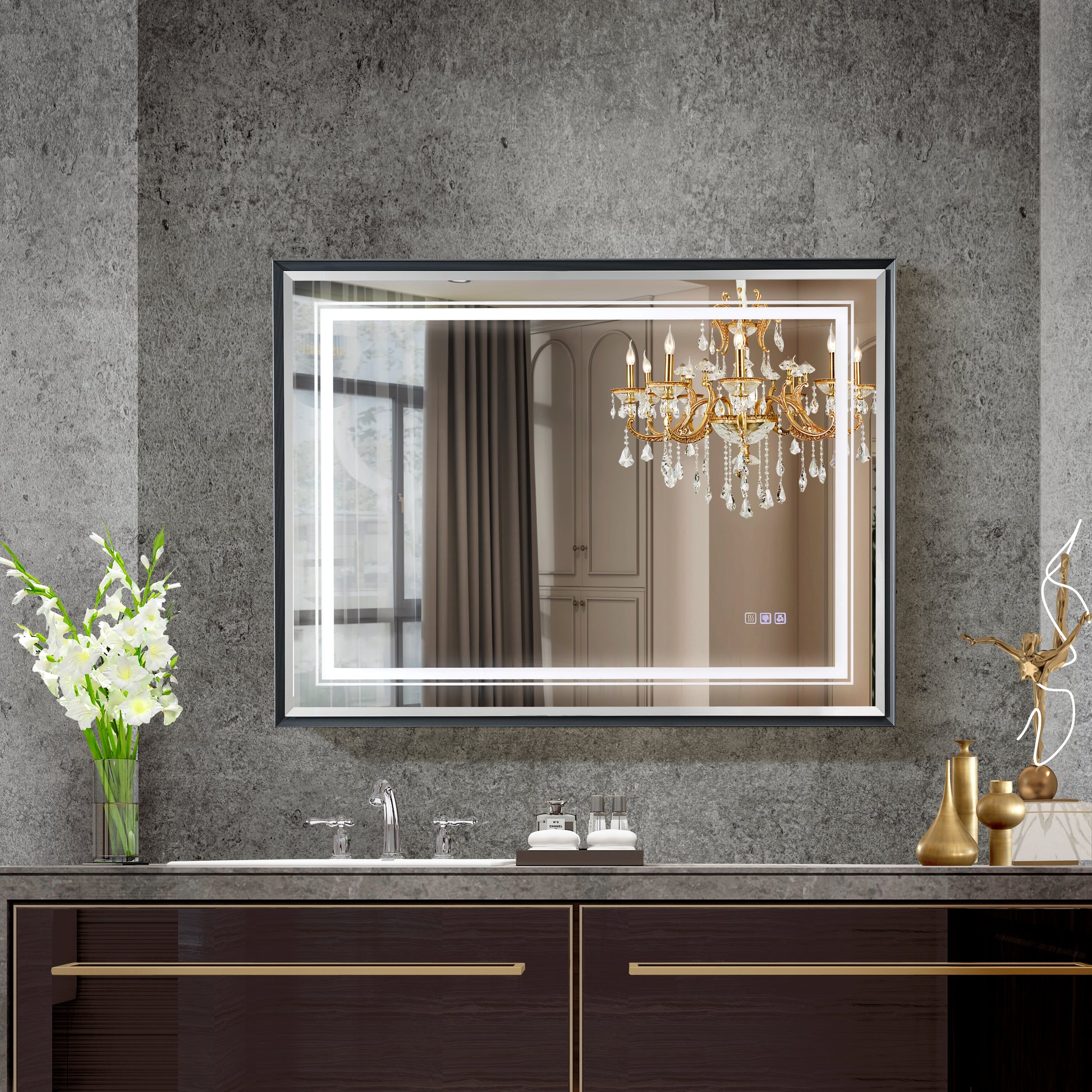 Modern illuminated bathroom mirror with touch controls and an integrated LED light
