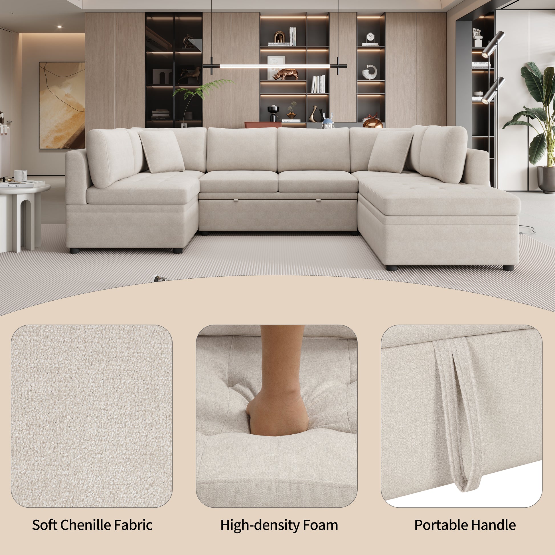 Beige Ushaped sectional sofa with plush chenille fabric perfect for modern living rooms