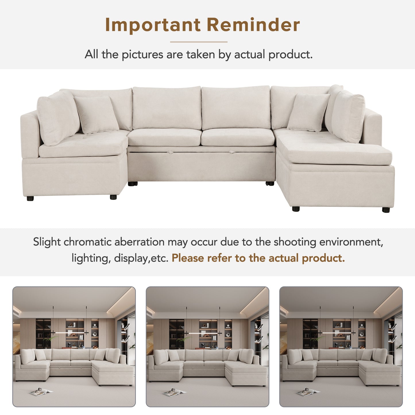 Beige fabric sectional sofa with storage chaise perfect for living rooms
