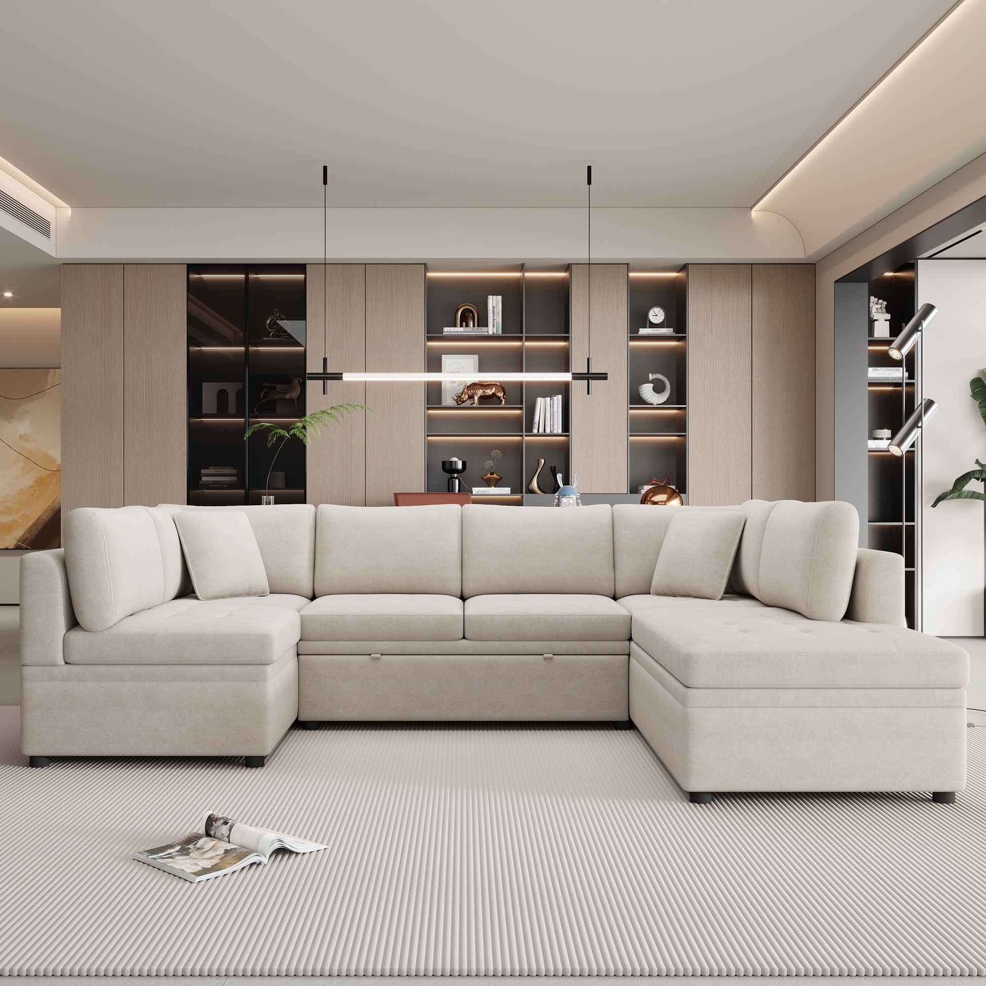 Ushaped sectional sofa in light beige fabric modern design with ample seating and storage compartments