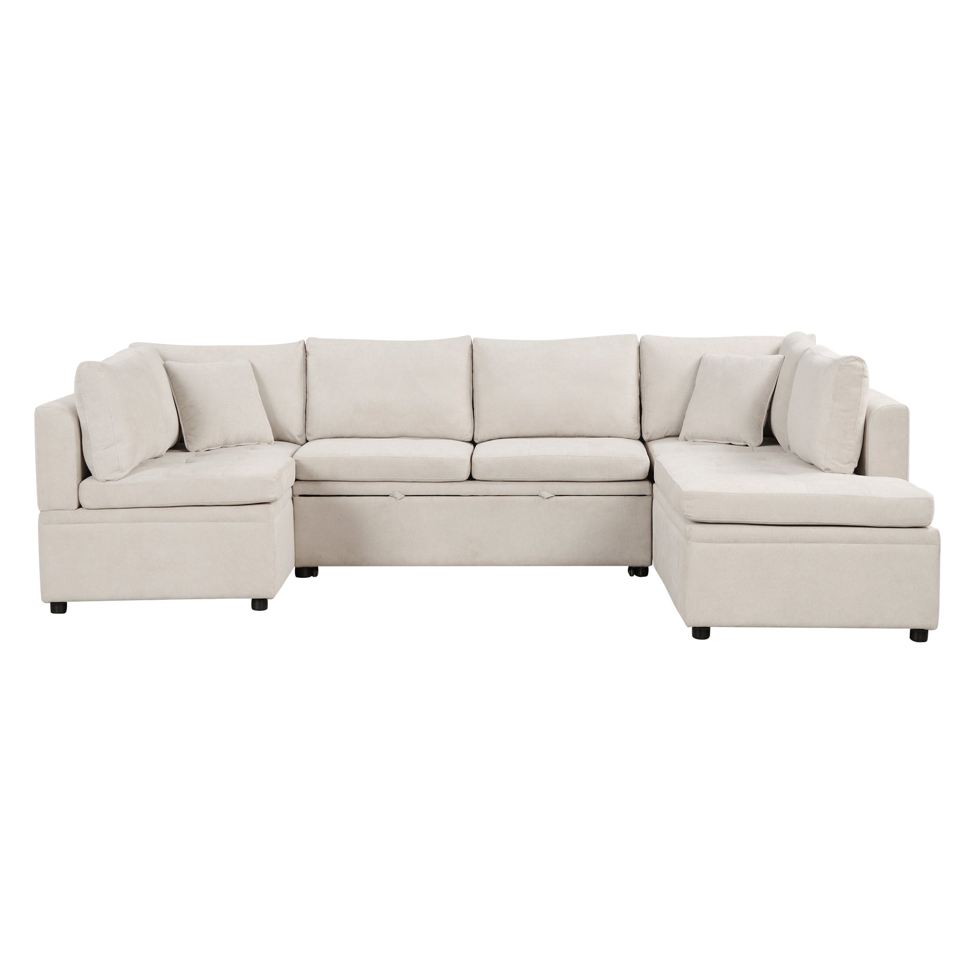 Beige Ushaped sectional sofa with hidden storage plush cushions and modern design