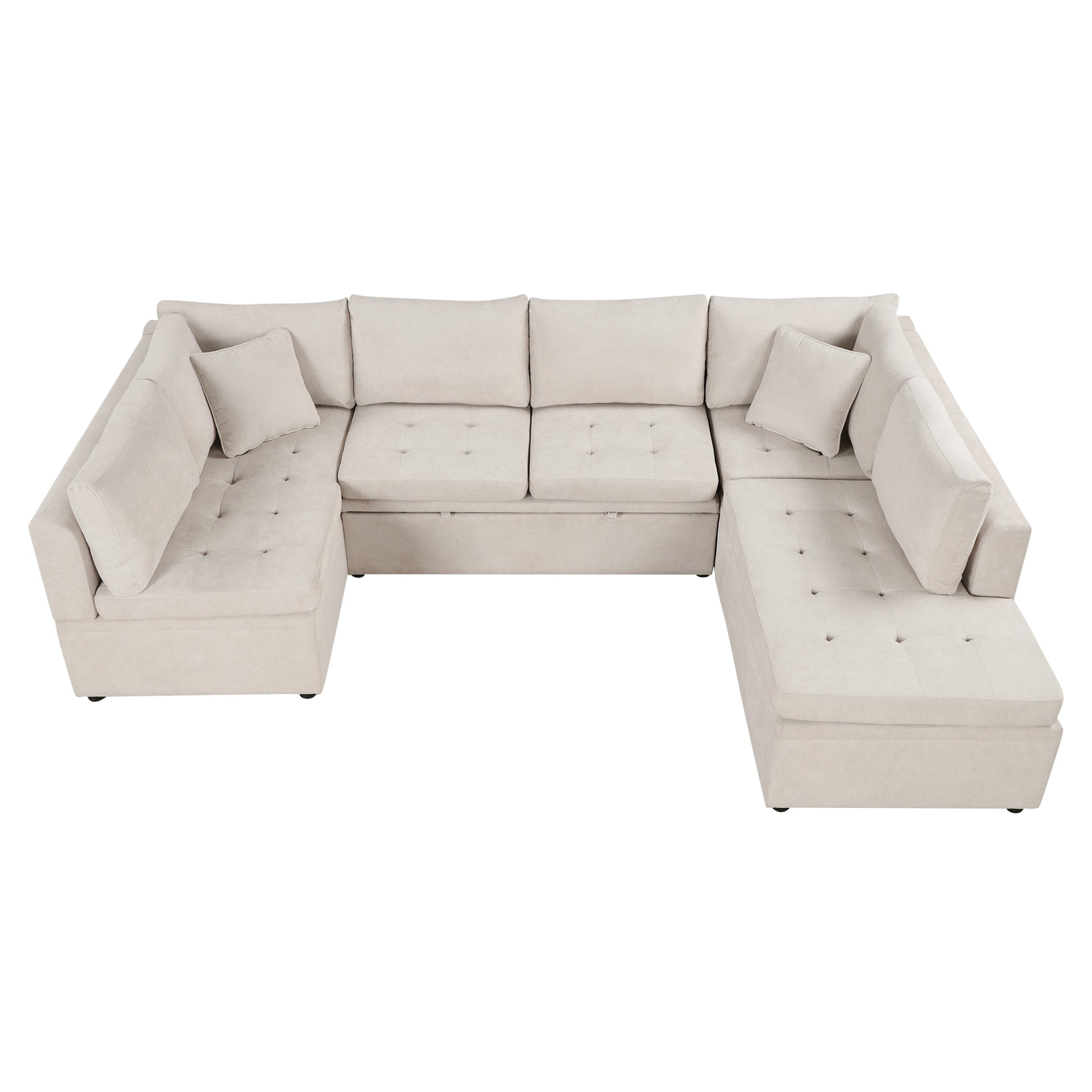 Ushaped sectional sofa in beige fabric with tufted cushions and storage compartments perfect for large living rooms