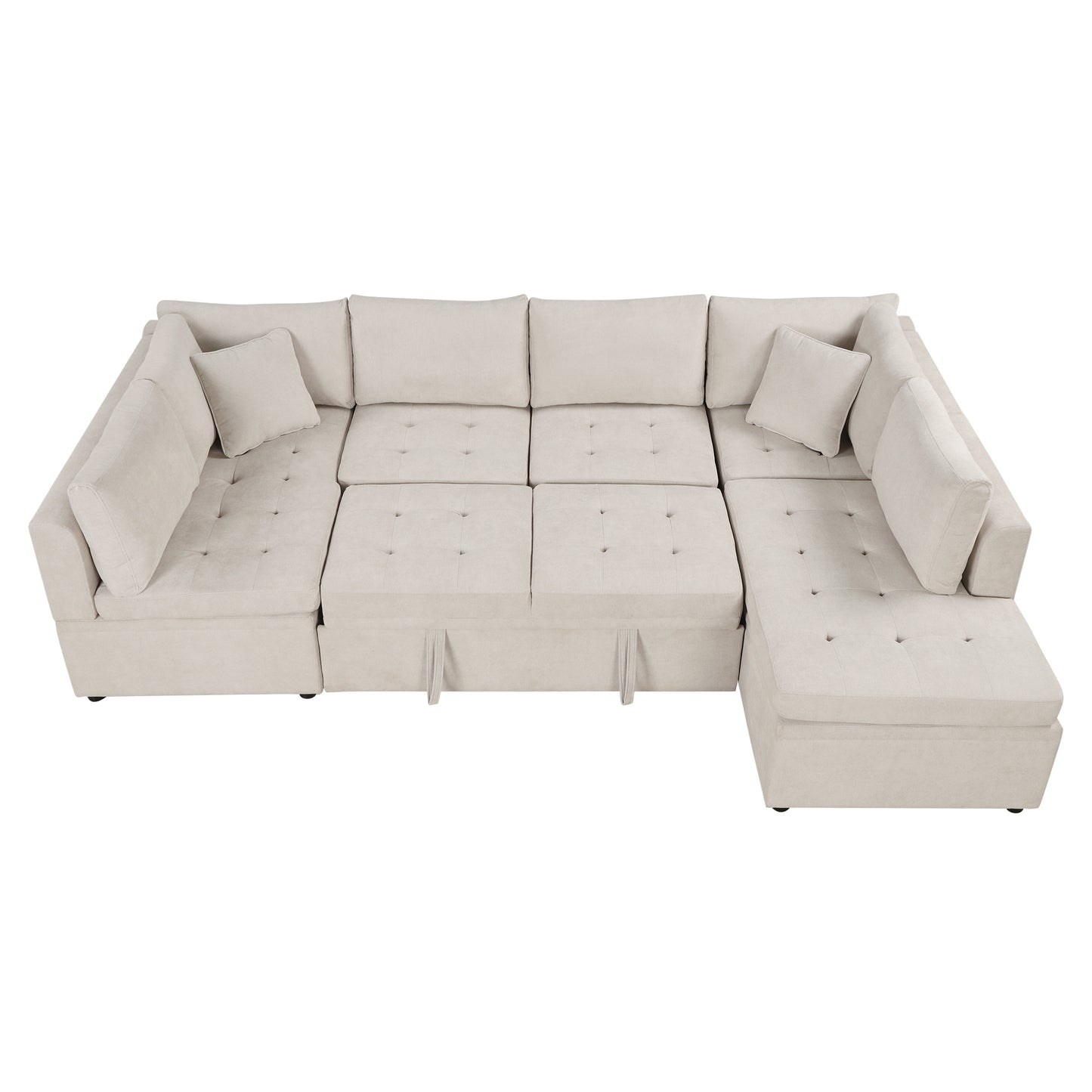 Beige sectional sofa with tufted cushions and pullout bed functionality for living room comfort