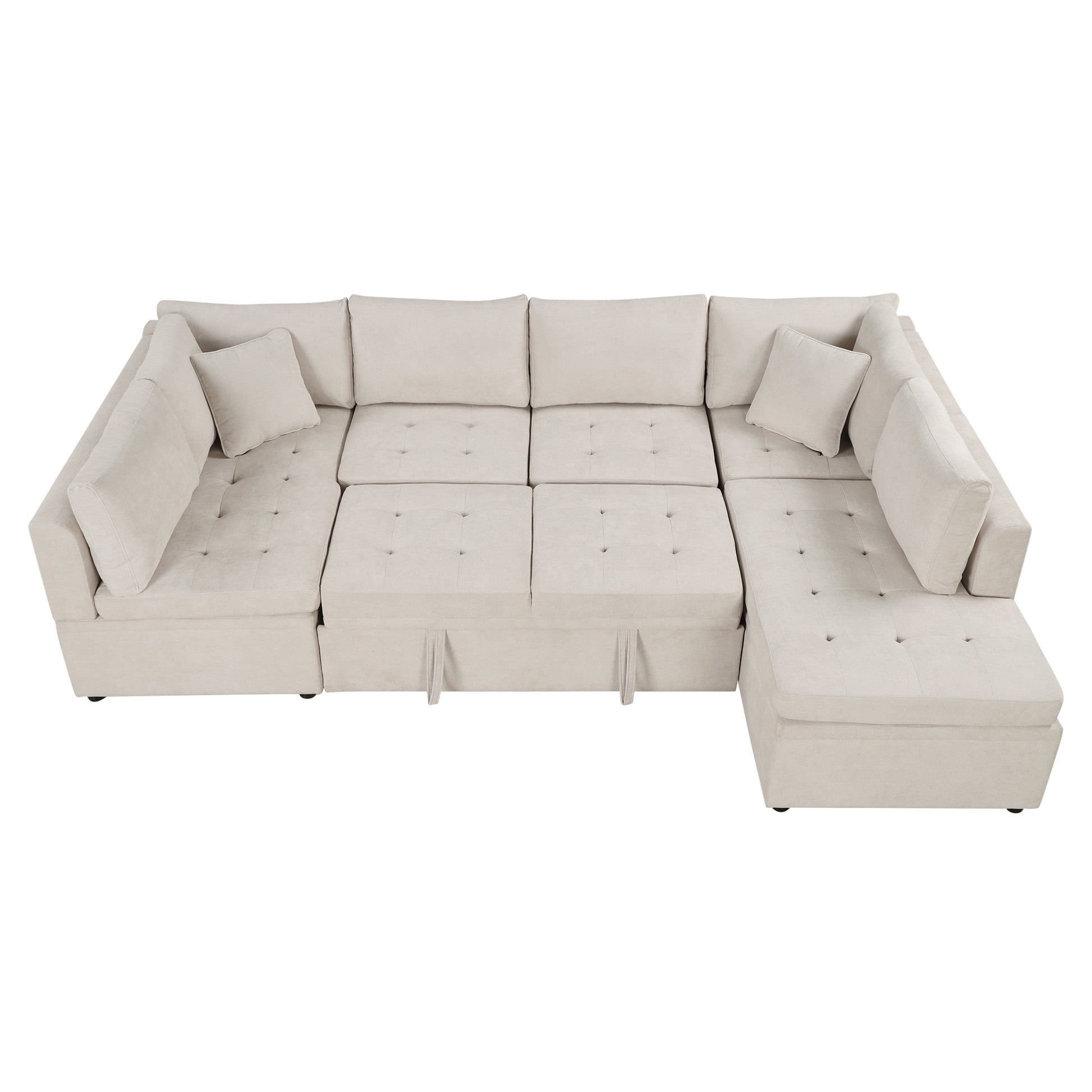 Beige sectional sofa with tufted cushions and pullout bed functionality for living room comfort