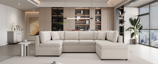 Beige Ushaped sectional sofa with plush cushions and hidden storage for modern living spaces