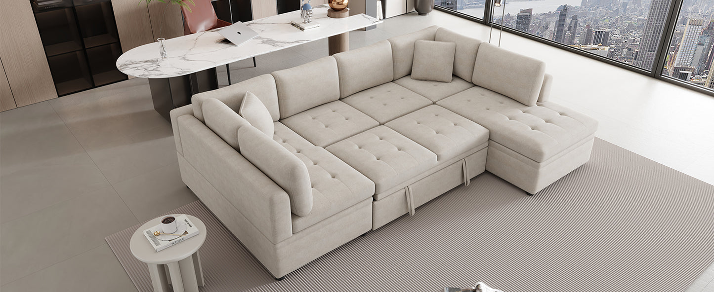 Beige sectional sofa with tufted cushions and hidden storage perfect for modern living rooms