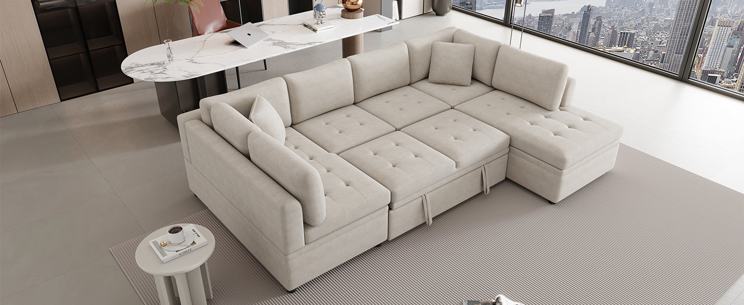 Beige sectional sofa with tufted cushions and hidden storage perfect for modern living rooms