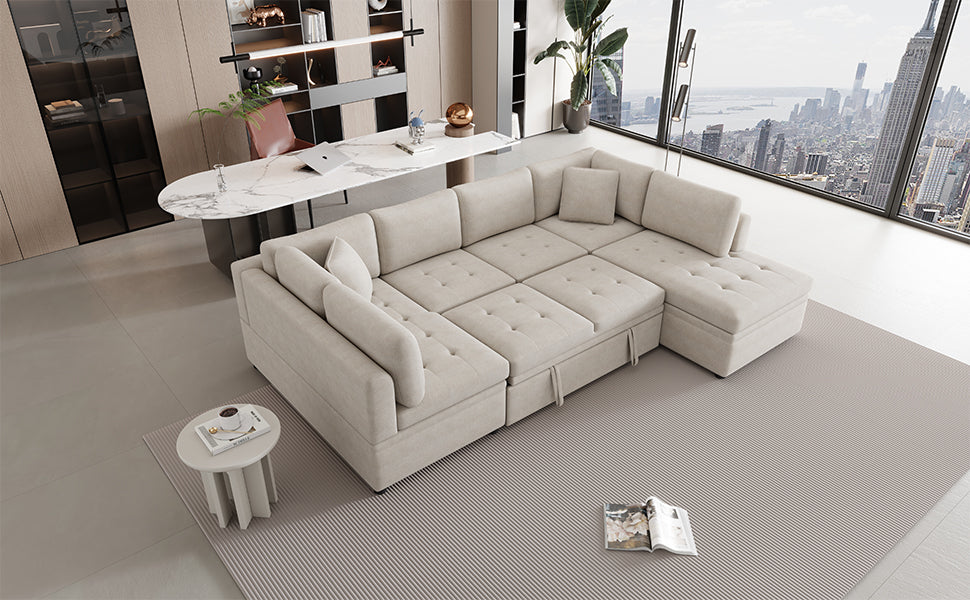 Large beige sectional sofa with tufted cushions and chaise lounge in modern living room