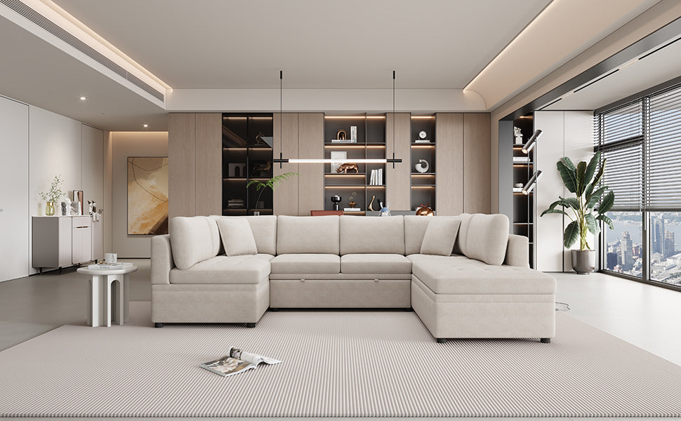 Ushaped sectional sofa in light beige fabric with plush cushions and hidden storage