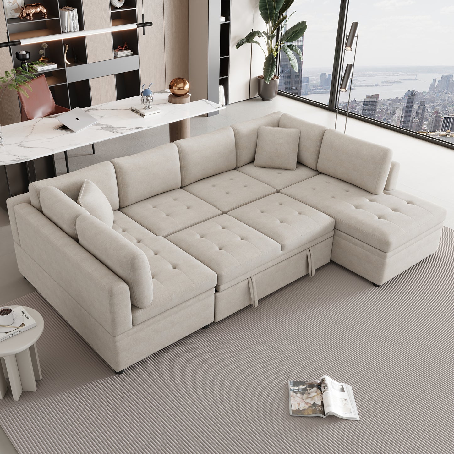 Beige tufted modular sectional sofa with hidden storage chaise perfect for modern living rooms