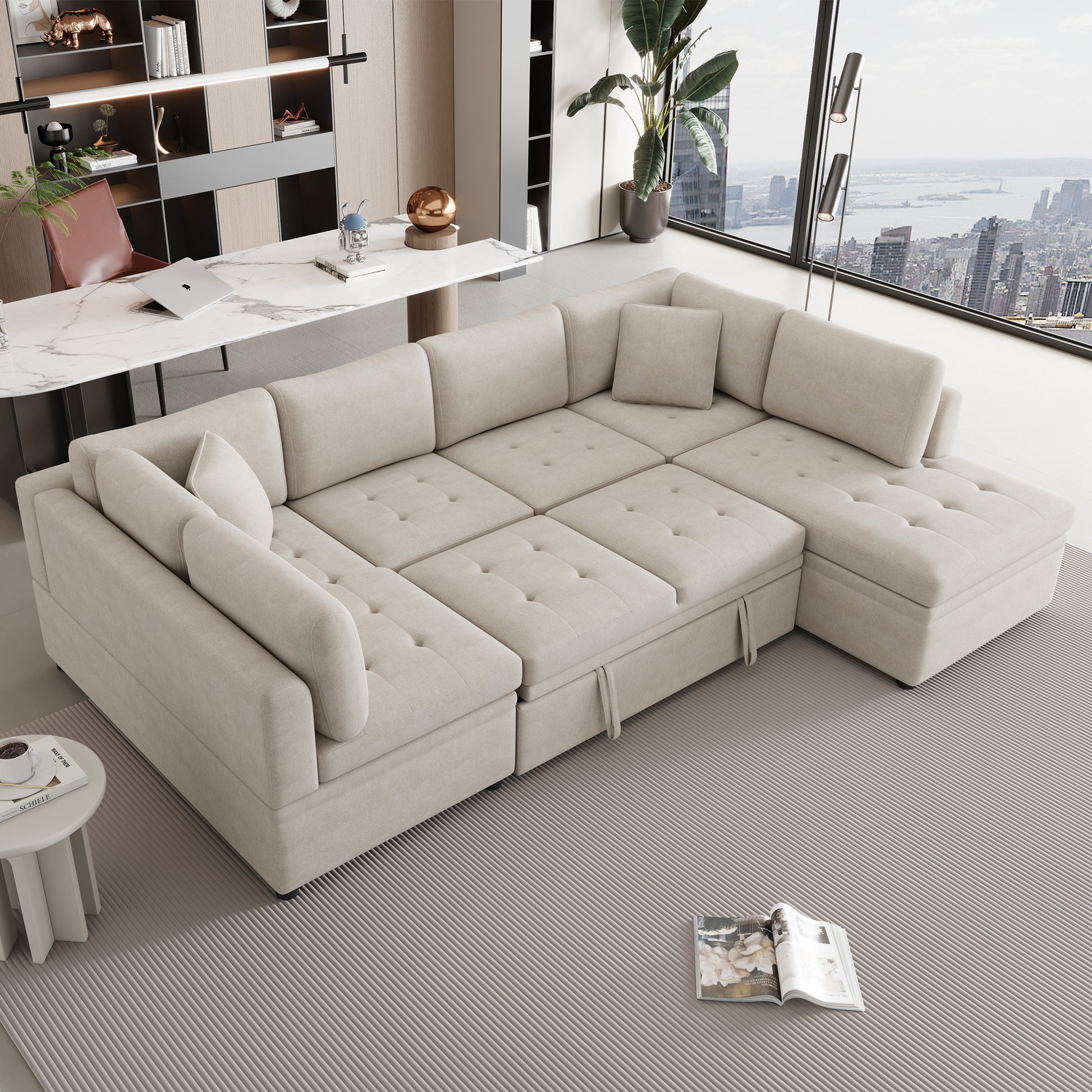 Beige tufted modular sectional sofa with hidden storage chaise perfect for modern living rooms