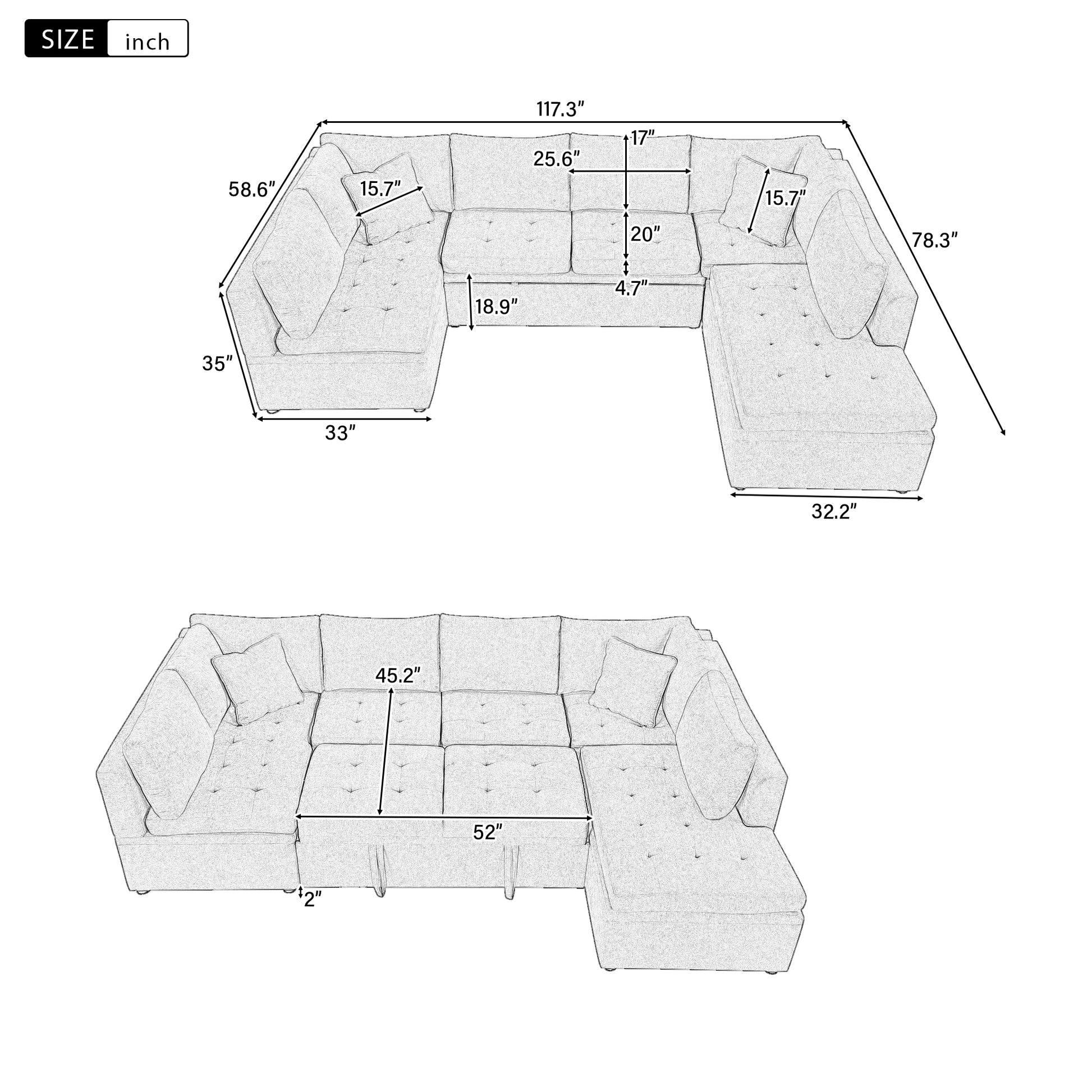 Dimensional sketch of a large Ushaped sectional sofa showing overall length and depth