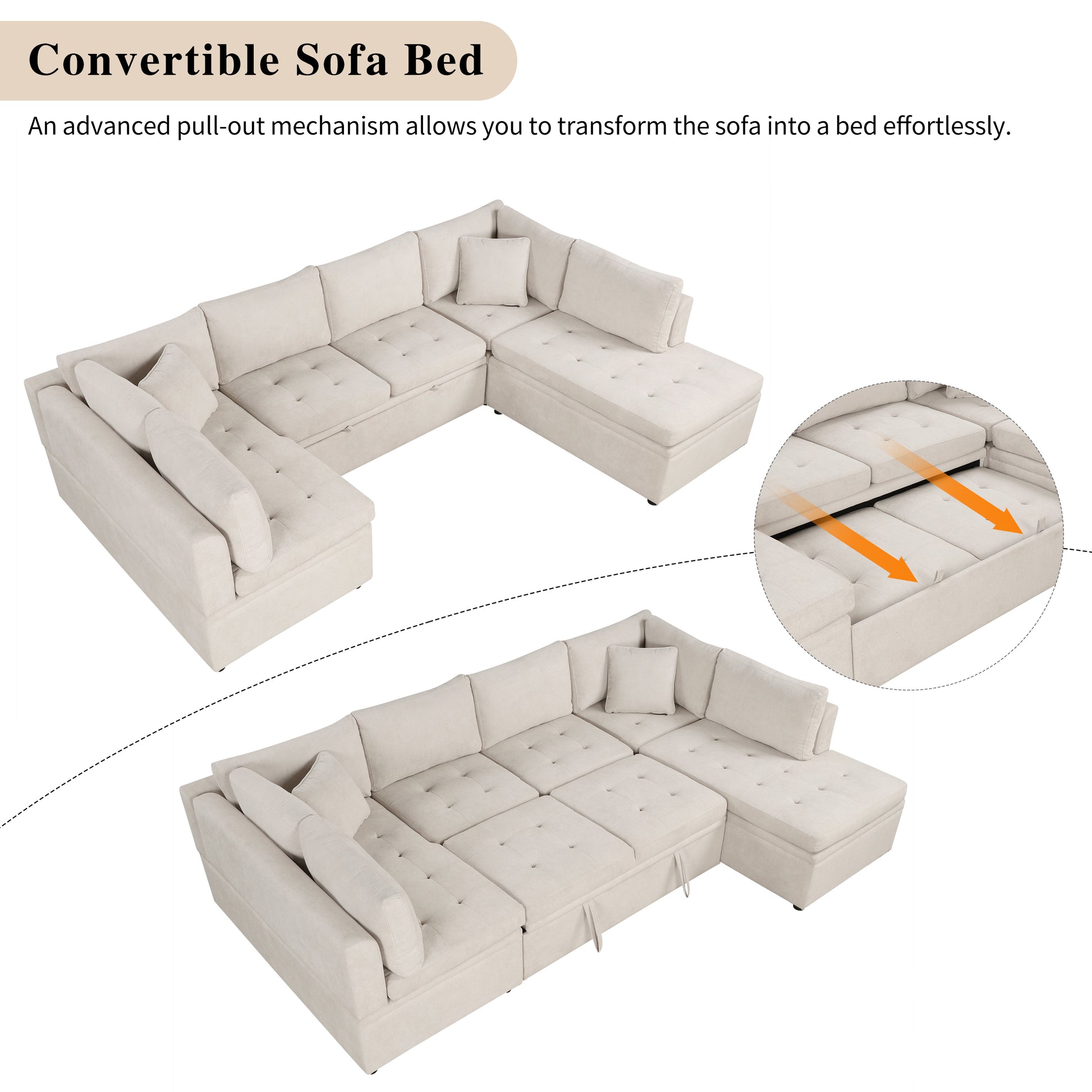 Beige fabric convertible sofa bed with tufted cushions perfect for small apartments