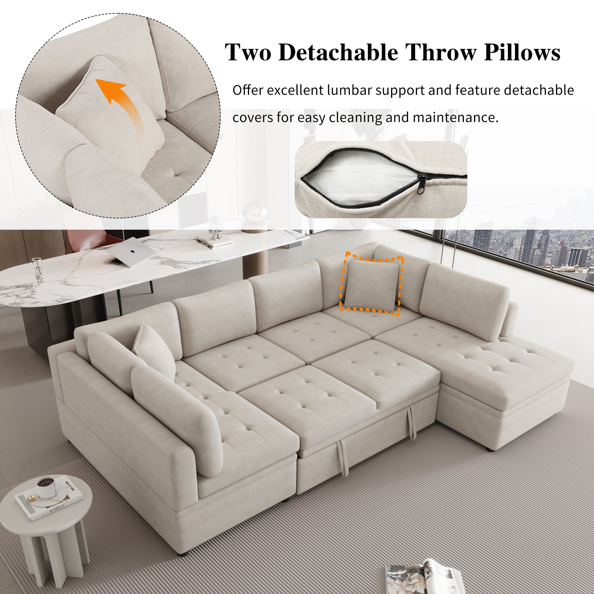 Beige sectional sofa with tufted cushions and lumbar pillows offering storage