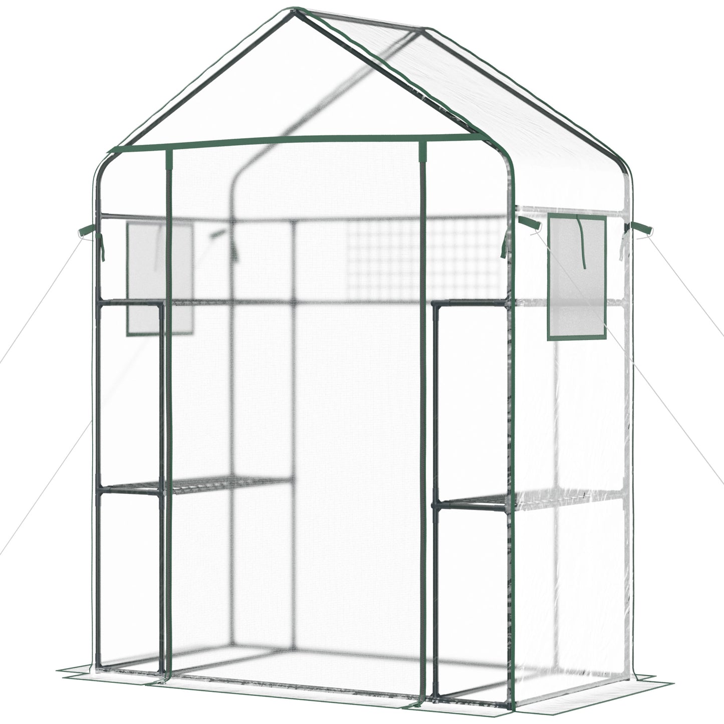 Compact walkin greenhouse with clear PE cover and green metal frame ideal for small gardens