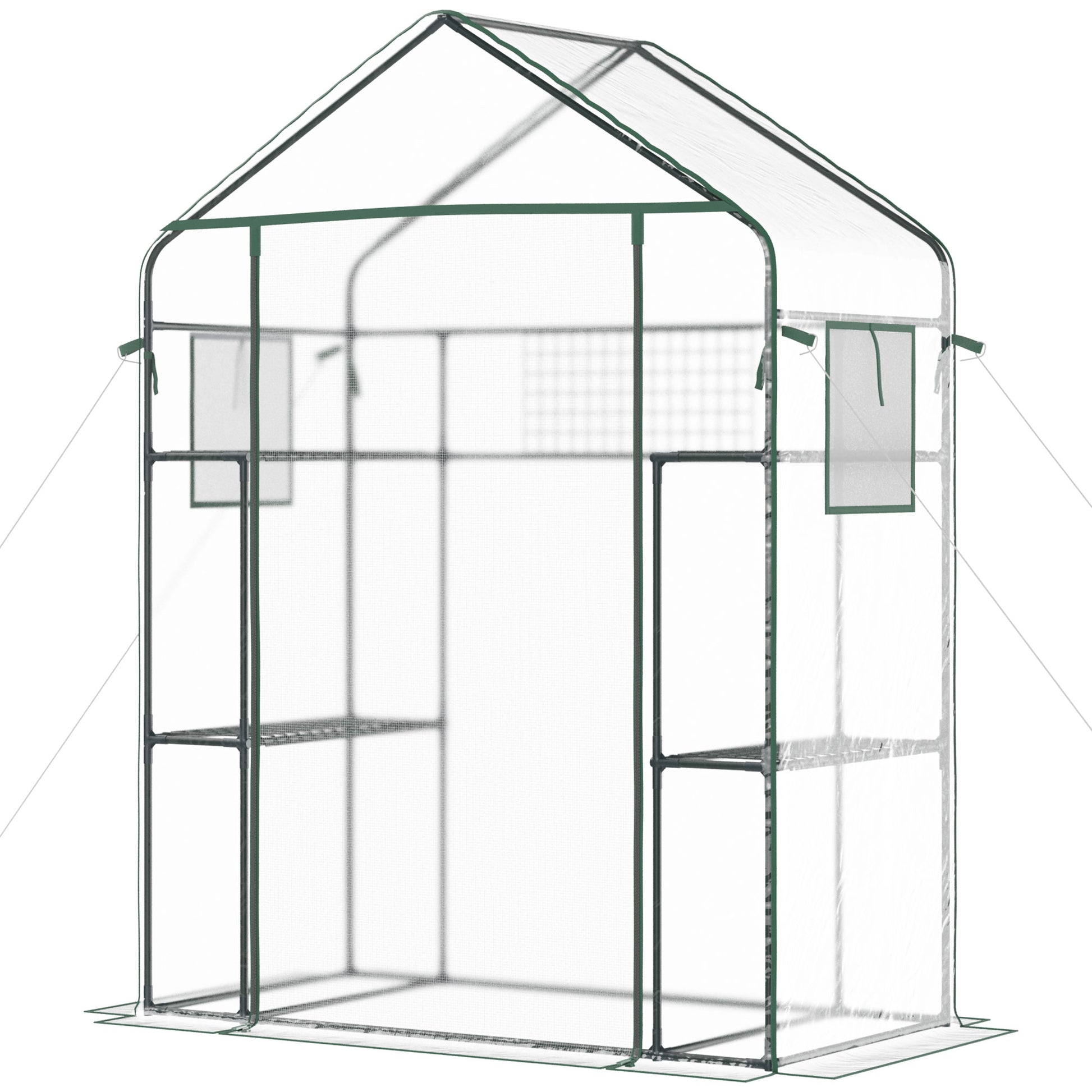 Compact walkin greenhouse with clear PE cover and green metal frame ideal for small gardens