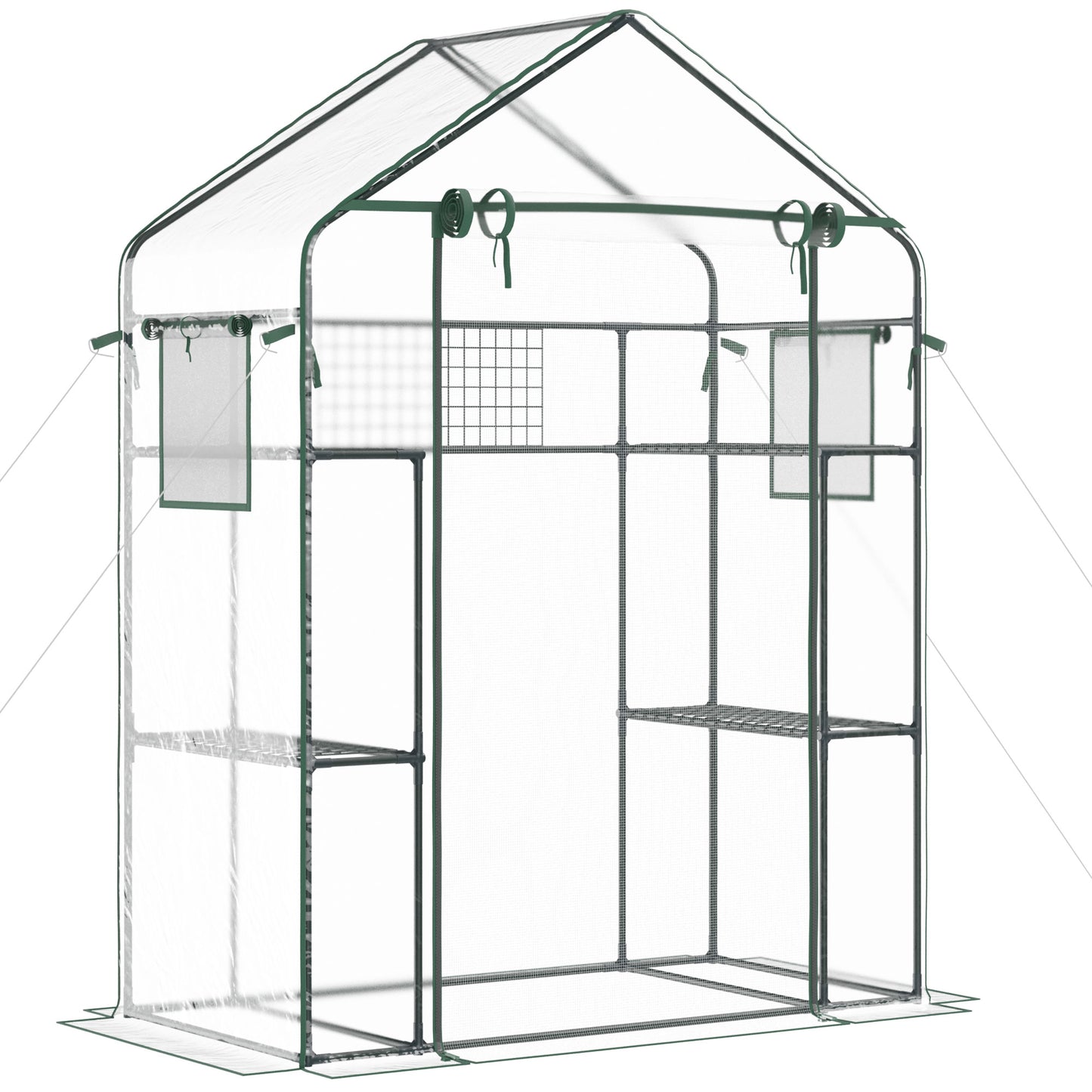 Green frame mini greenhouse with clear PVC cover and wire shelves