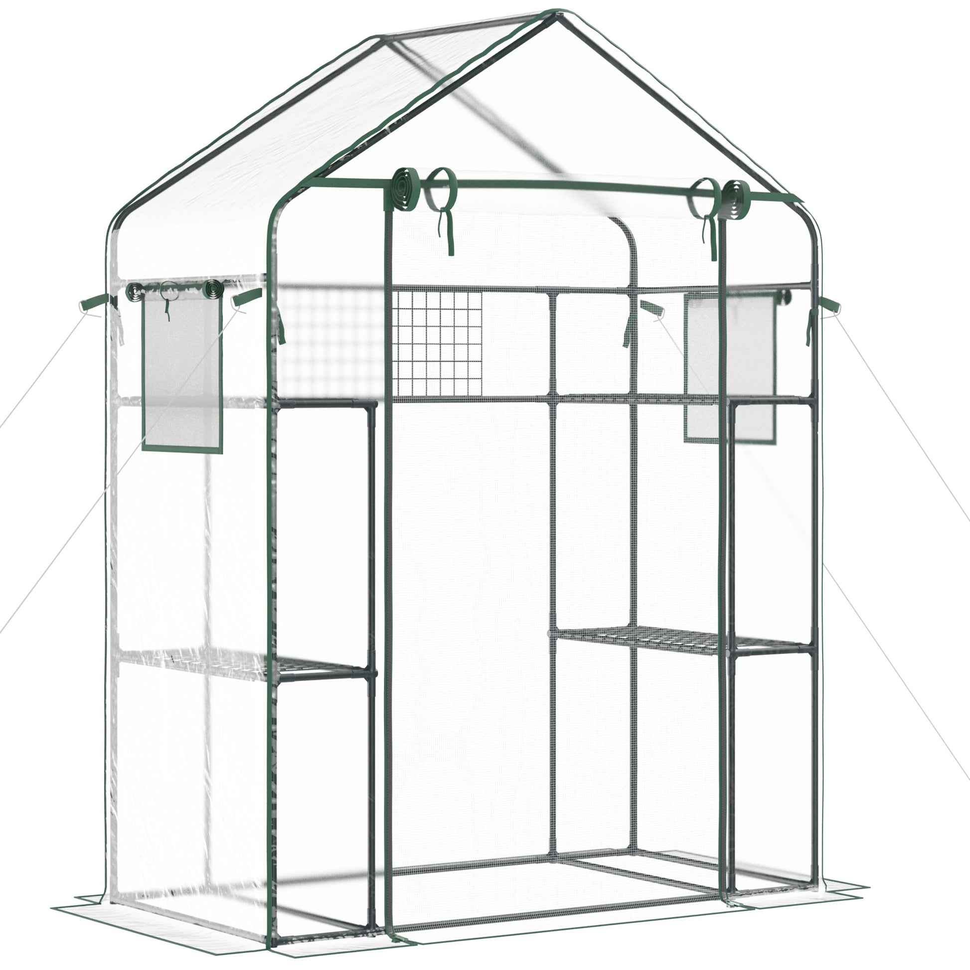 Green frame mini greenhouse with clear PVC cover and wire shelves
