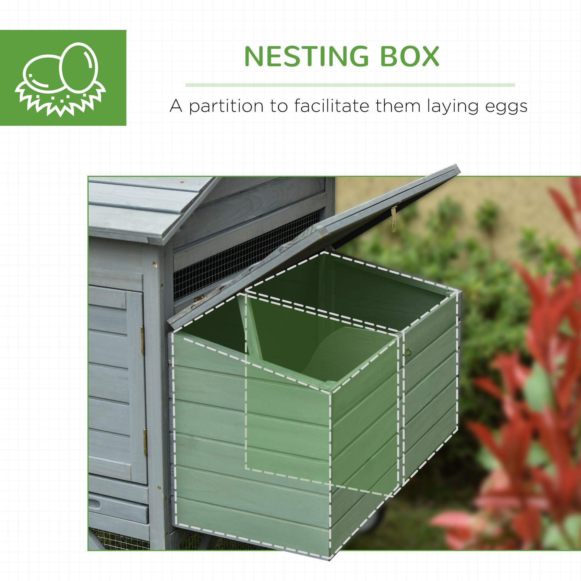 Wooden nesting box with two green compartments for chickens