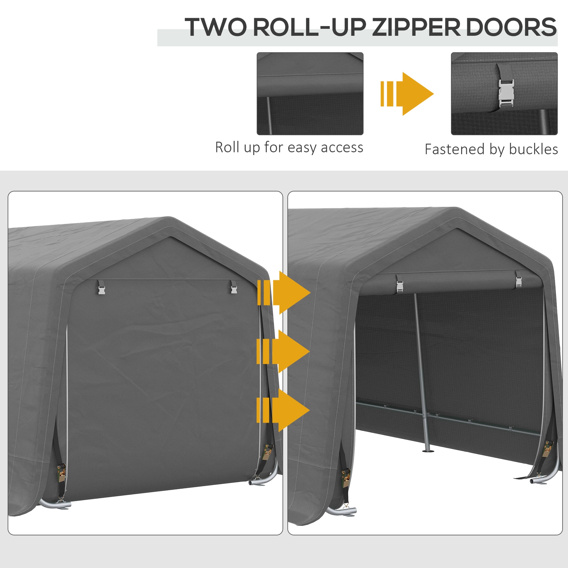 Gray heavy duty carport with rollup zipper doors for easy access and storage