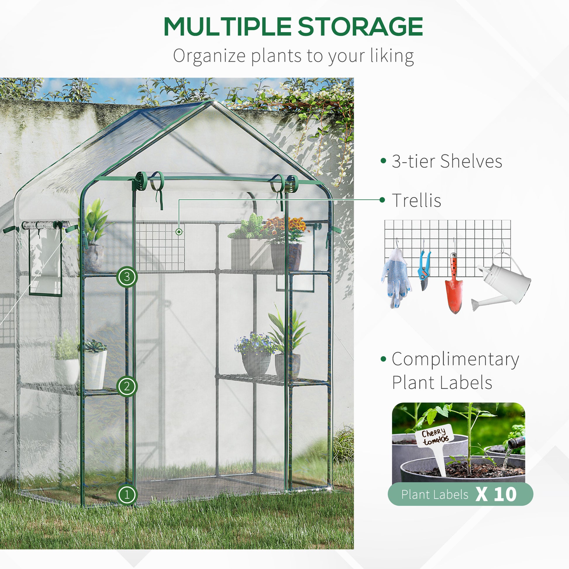 Green mini greenhouse with three shelves holding potted plants
