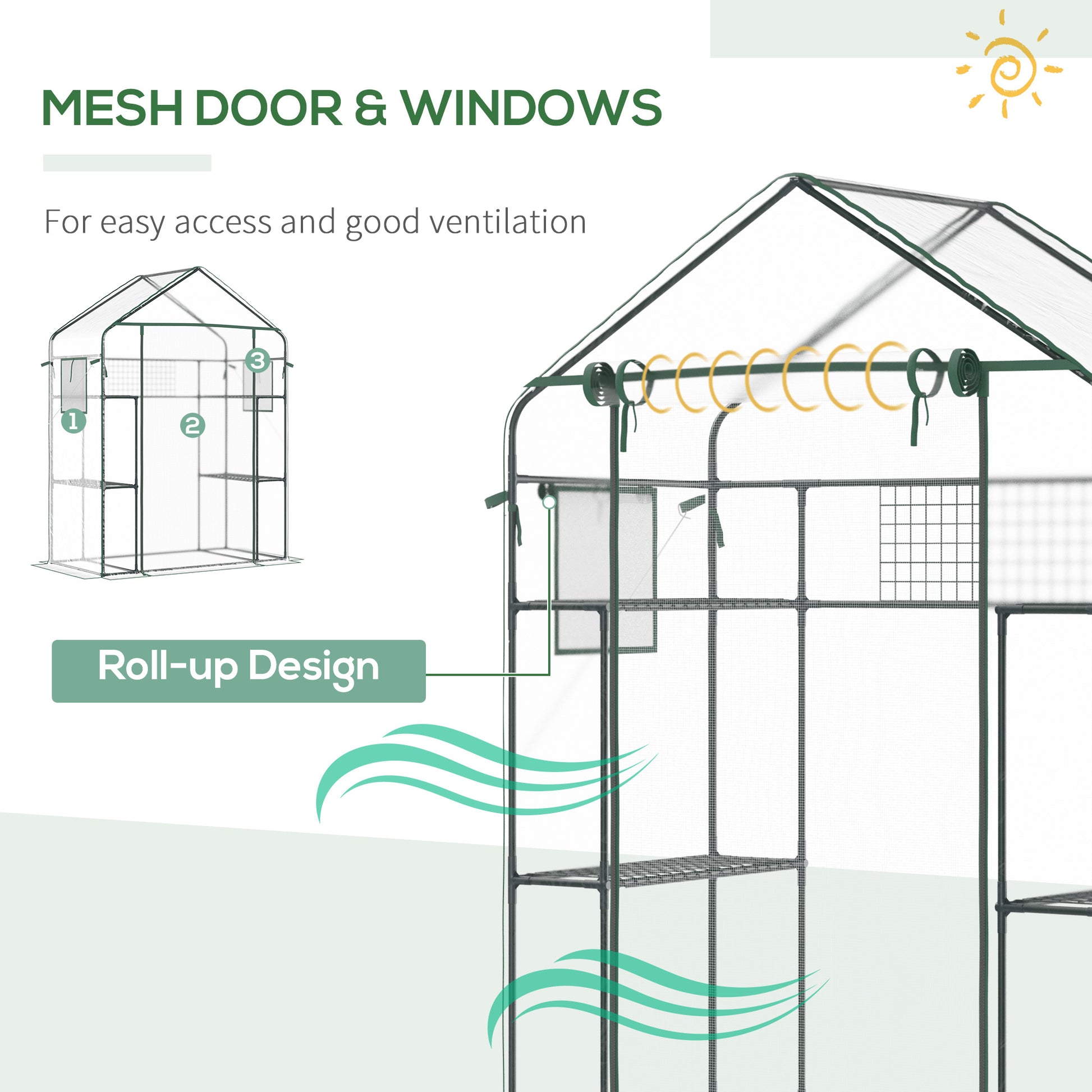 Green metal frame greenhouse with mesh door and ventilation windows
