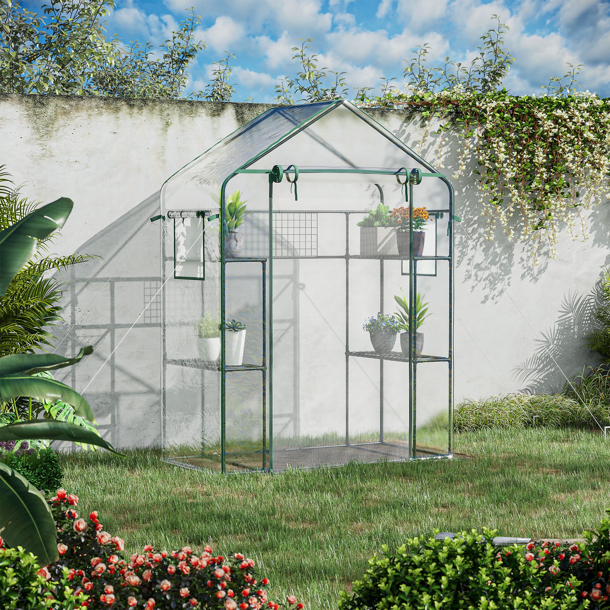 Walkin greenhouse with green frame and clear PE cover ideal for starting seeds