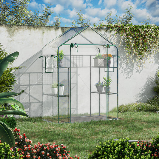 Walkin greenhouse with green frame and clear PE cover ideal for starting seeds
