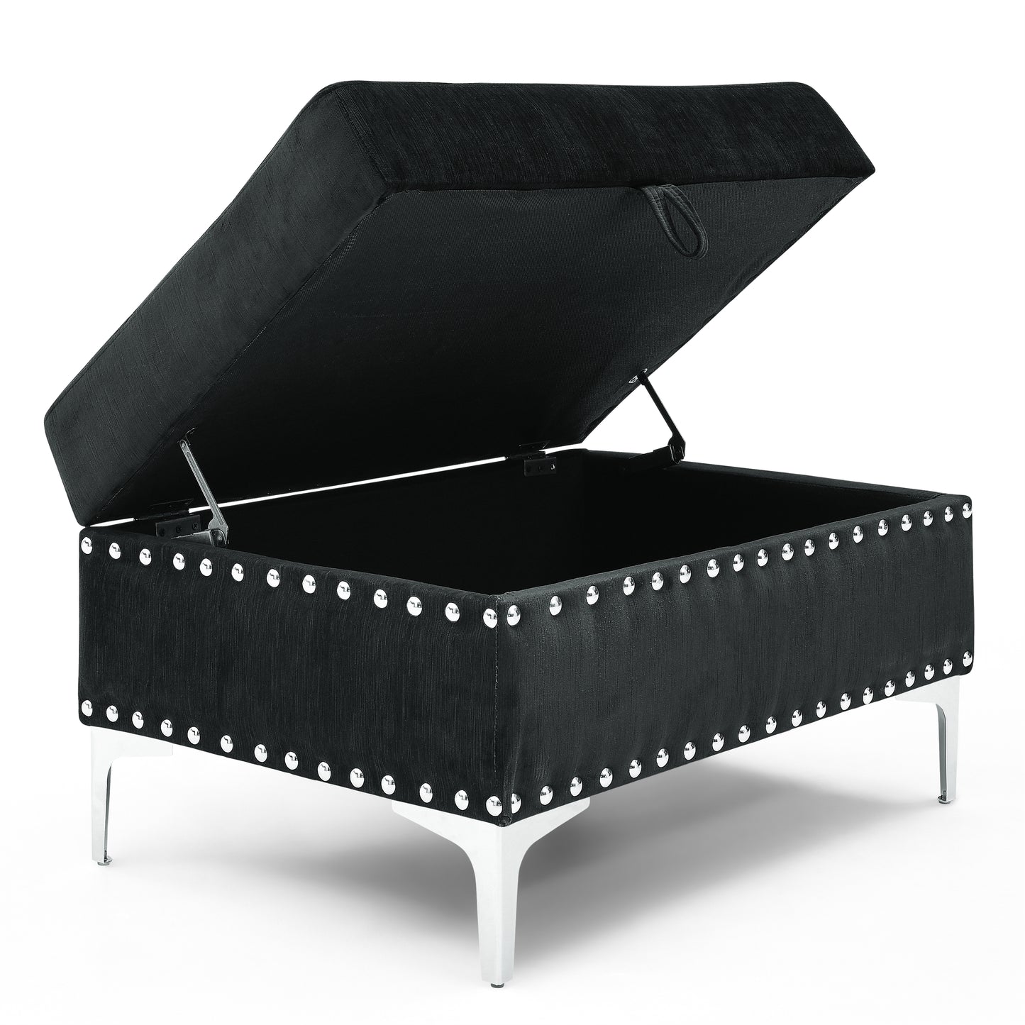 Black velvet storage ottoman with silver nailhead trim and open lid