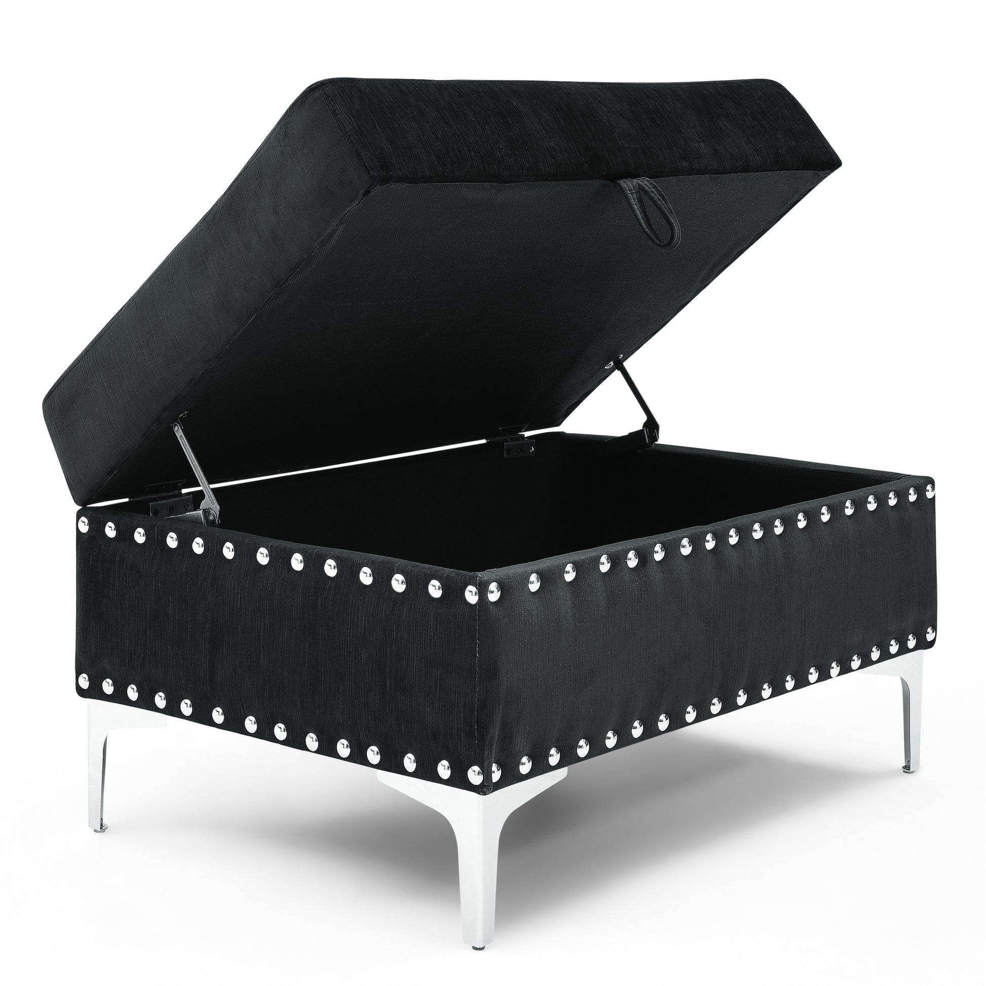 Black velvet storage ottoman with silver nailhead trim and open lid