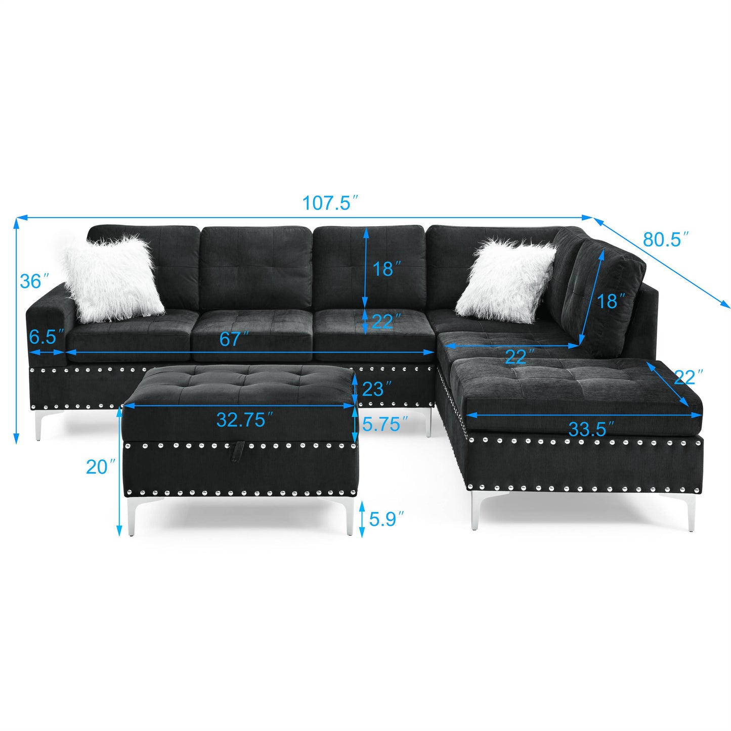 Dark gray velvet sectional sofa with tufted cushions and silver nailhead trim including ottoman