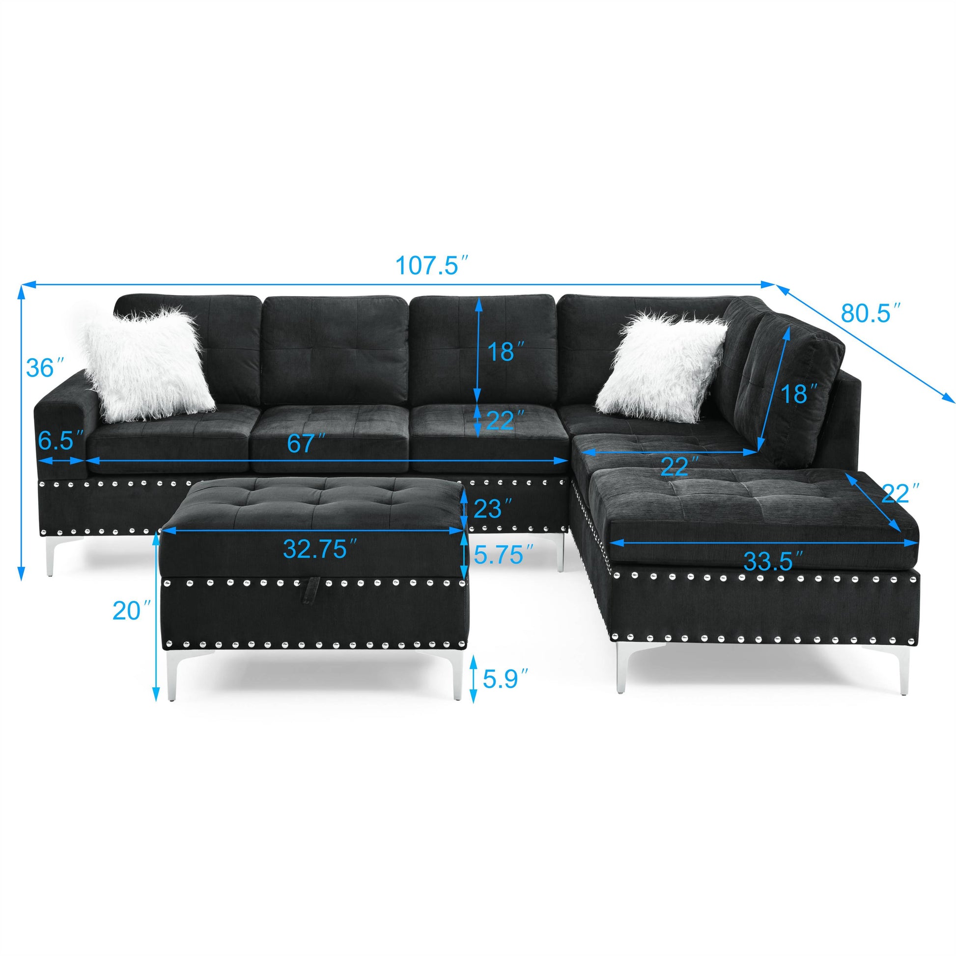 Dark gray velvet sectional sofa with tufted cushions and silver nailhead trim including ottoman