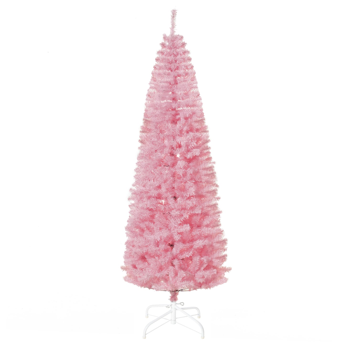 Tall pink artificial Christmas tree with white metal stand ideal for festive home decor