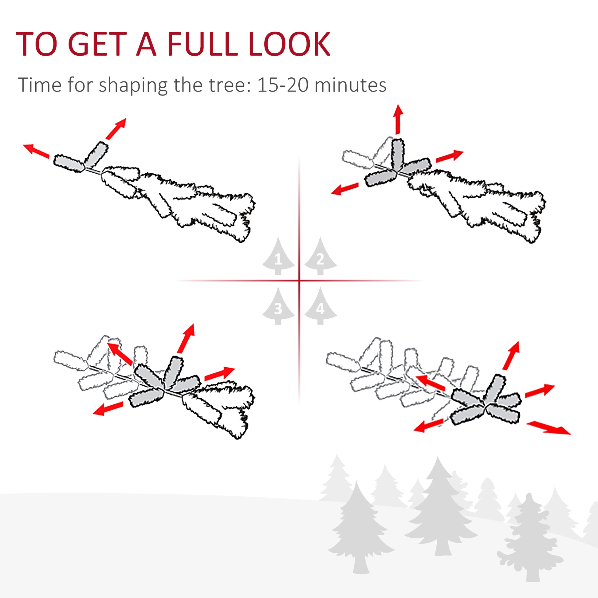 Diagram showing how to shape artificial Christmas tree branches with red arrows indicating movement